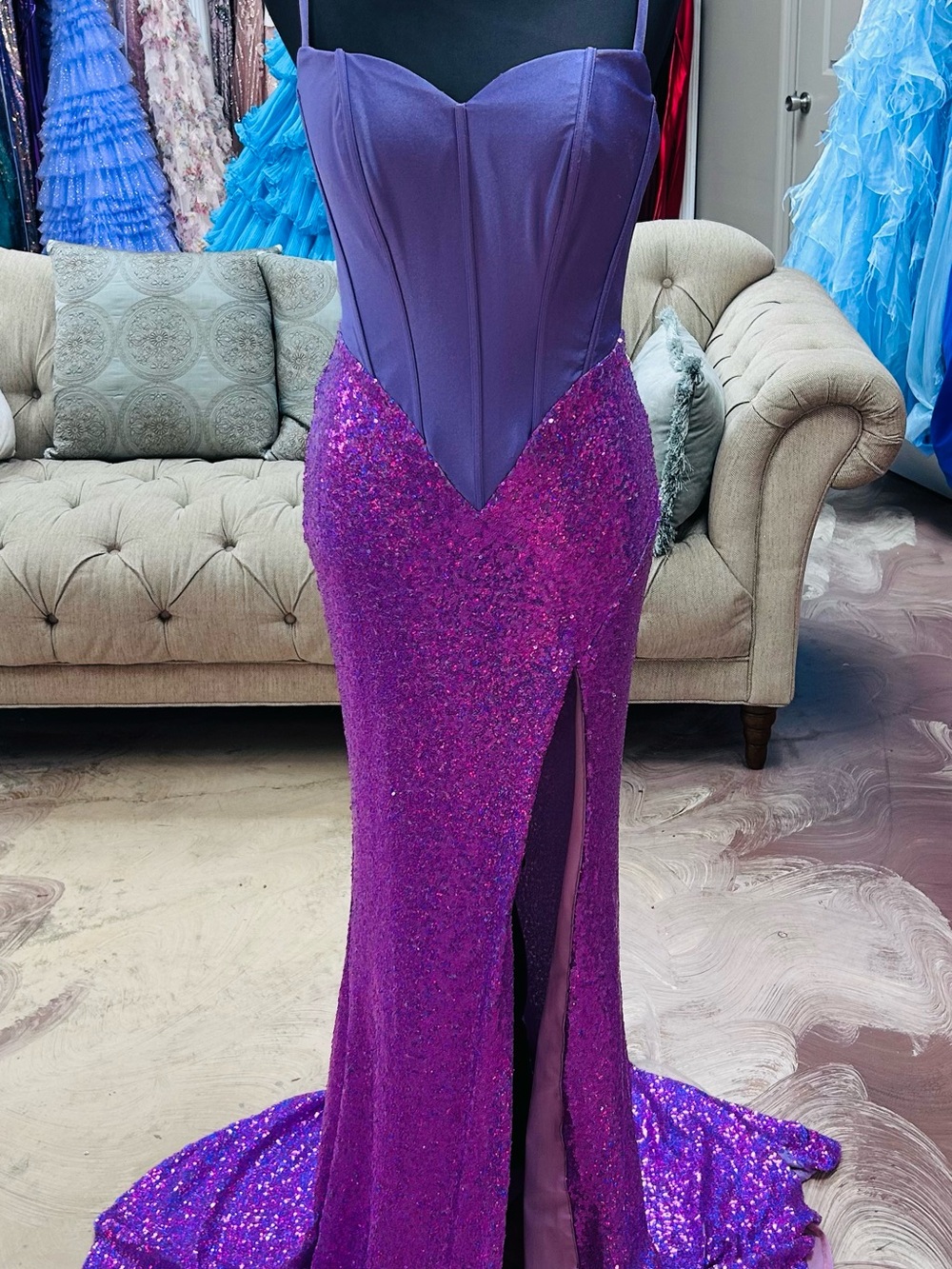Portia and Scarlett Purple Sequin Corset Mermaid Gown
